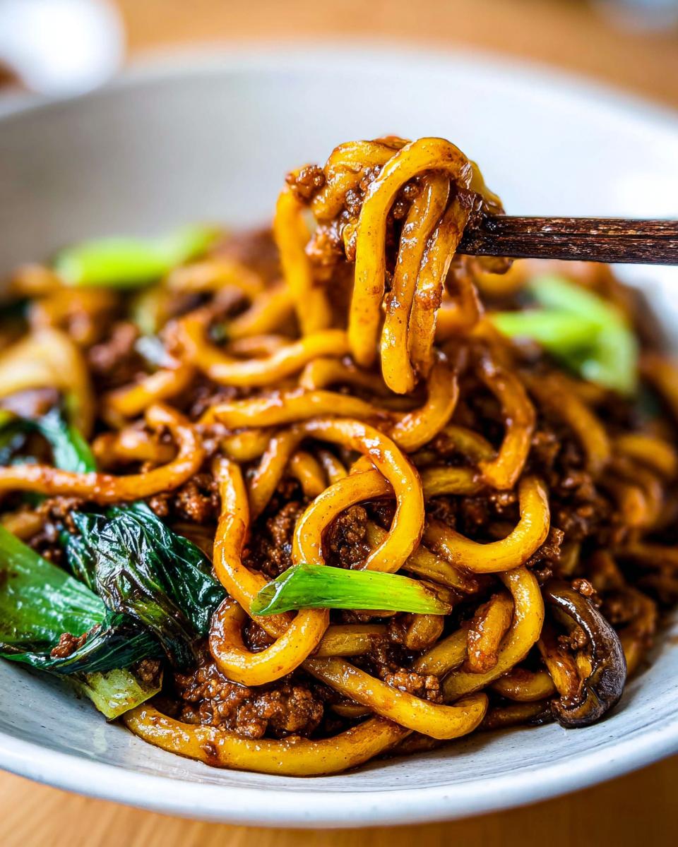 Close-up of thick, chewy yaki udon noodles coated in a savory sauce with ground meat and bok choy.