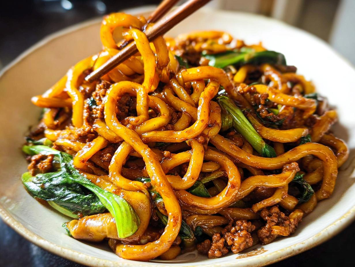 Close-up of a bowl of Irresistible Yaki Udon Noodles, featuring thick noodles coated in sauce with minced meat and greens.