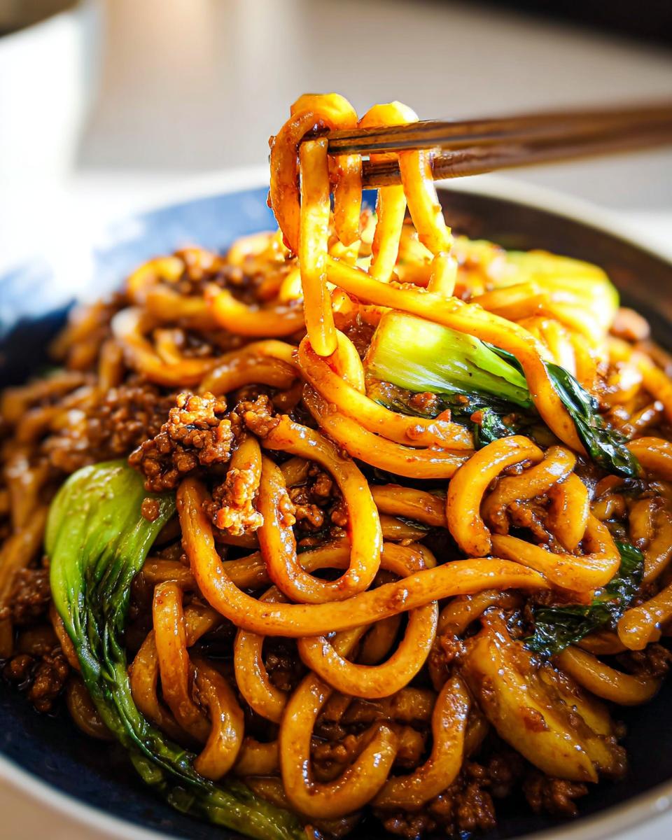Close-up of thick, chewy udon noodles coated in a savory sauce, mixed with ground pork and vibrant green bok choy, being lifted by chopsticks.