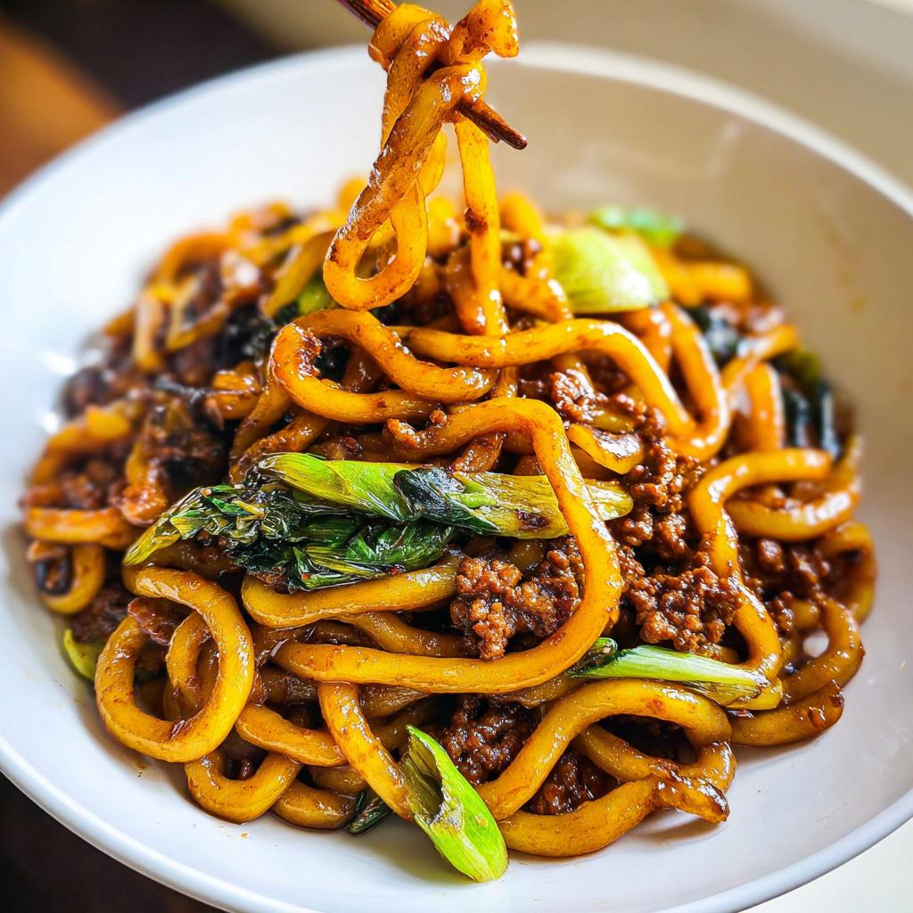 Close-up of a bowl filled with Irresistible Yaki Udon Noodles, with chopsticks lifting a portion.