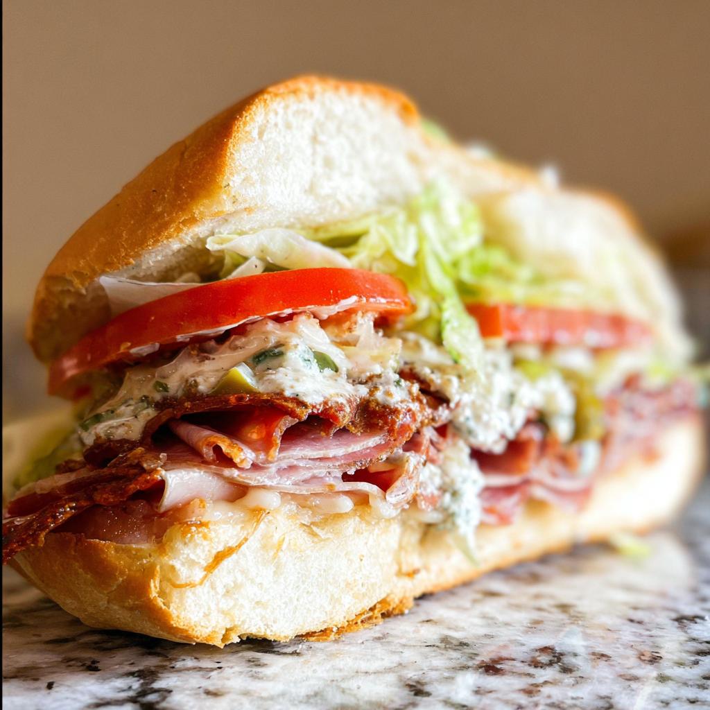 A close-up of a loaded Italian Grinder Salad Sandwich with layers of meat, cheese, lettuce, tomato, and creamy dressing.