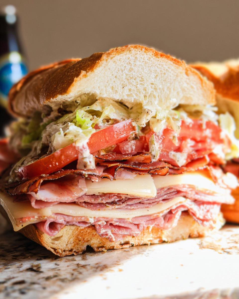 Close-up of a loaded Italian Grinder Salad Sandwich with layers of meat, cheese, lettuce, tomato, and dressing on a crusty roll.