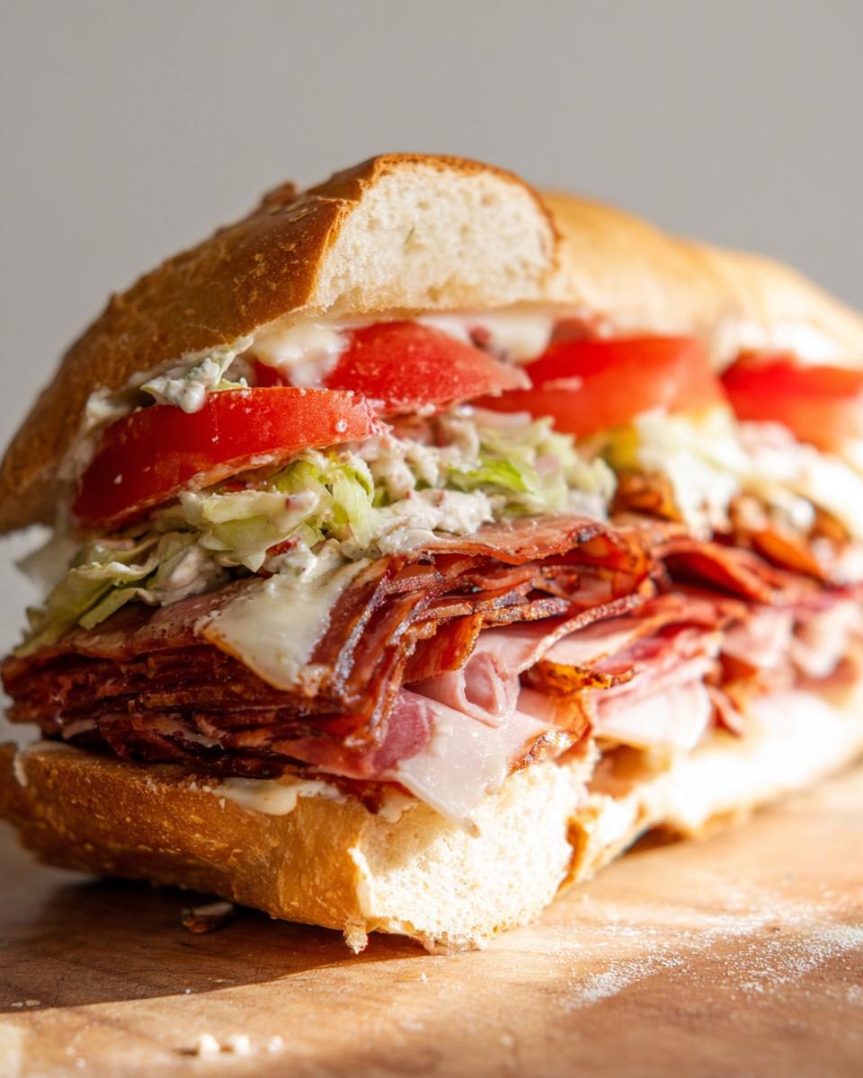A close-up of a loaded Italian Grinder Salad Sandwich with layers of deli meats, cheese, lettuce, and tomatoes on a crusty roll.