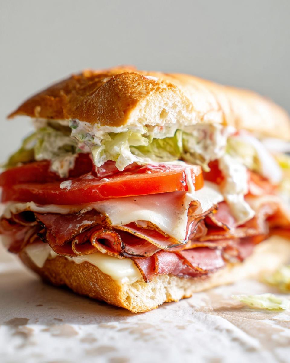 Close-up of a loaded Italian Grinder Salad Sandwich with layers of meat, cheese, tomato, and creamy dressing.