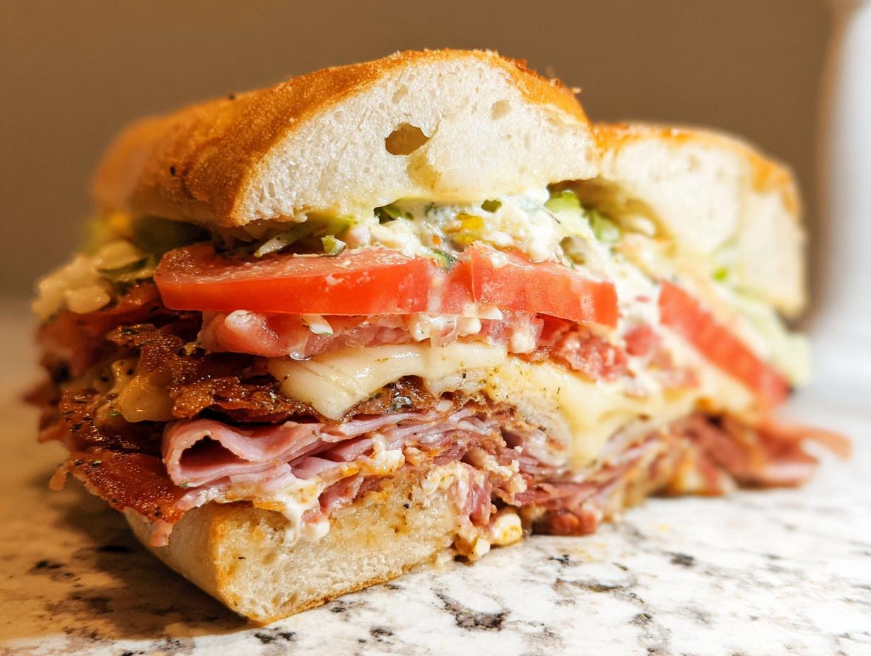 A delicious and loaded Italian Grinder Salad Sandwich, cut in half, showing layers of meat, cheese, tomatoes, and creamy dressing.