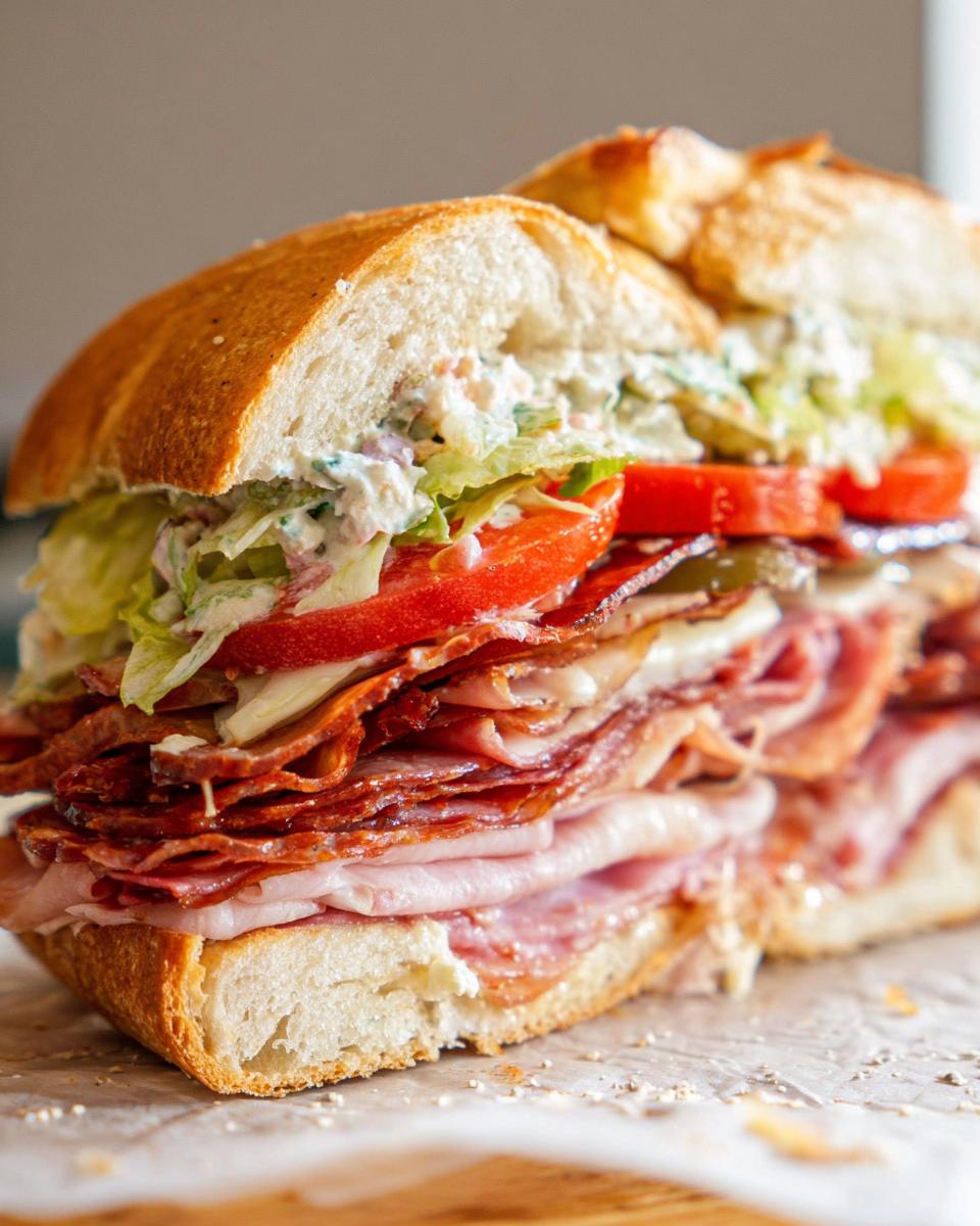 A hearty Italian Grinder Salad Sandwich overflowing with layers of deli meats, cheese, lettuce, tomato, and creamy dressing.