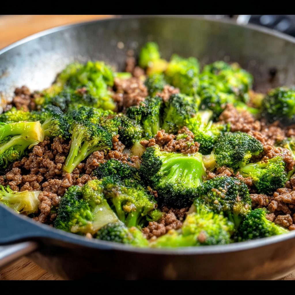 Close-up of a Keto Hamburger Broccoli Skillet, showing cooked ground beef mixed with vibrant green broccoli florets in a pan.