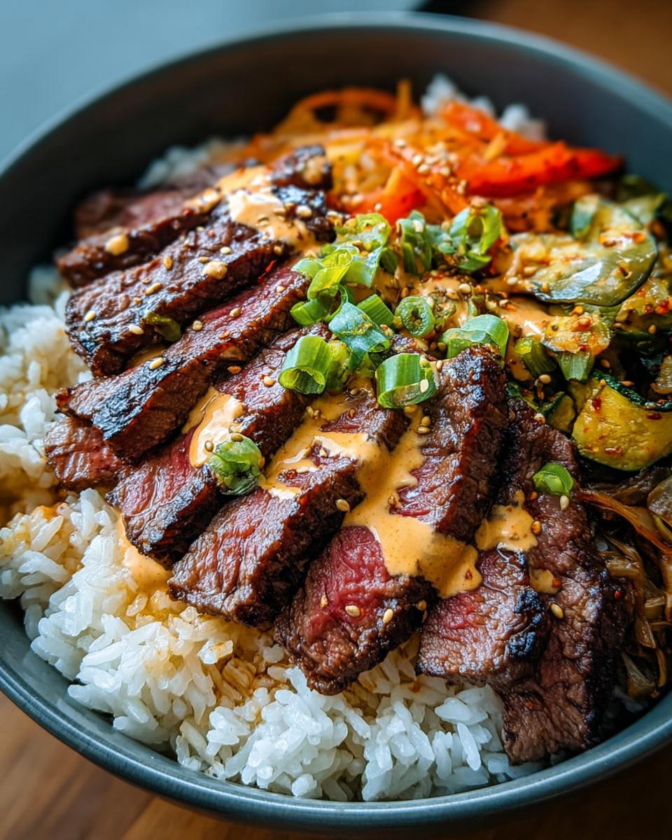 Close-up of Korean BBQ Steak Rice Bowls topped with spicy cream sauce, scallions, and sesame seeds.