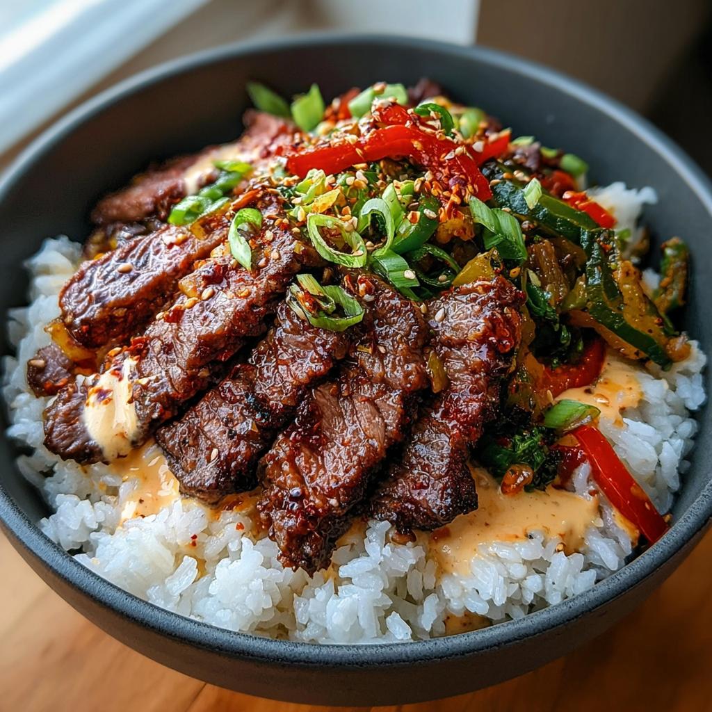 Close-up of Korean BBQ Steak Rice Bowls topped with sliced steak, vegetables, and spicy cream sauce.