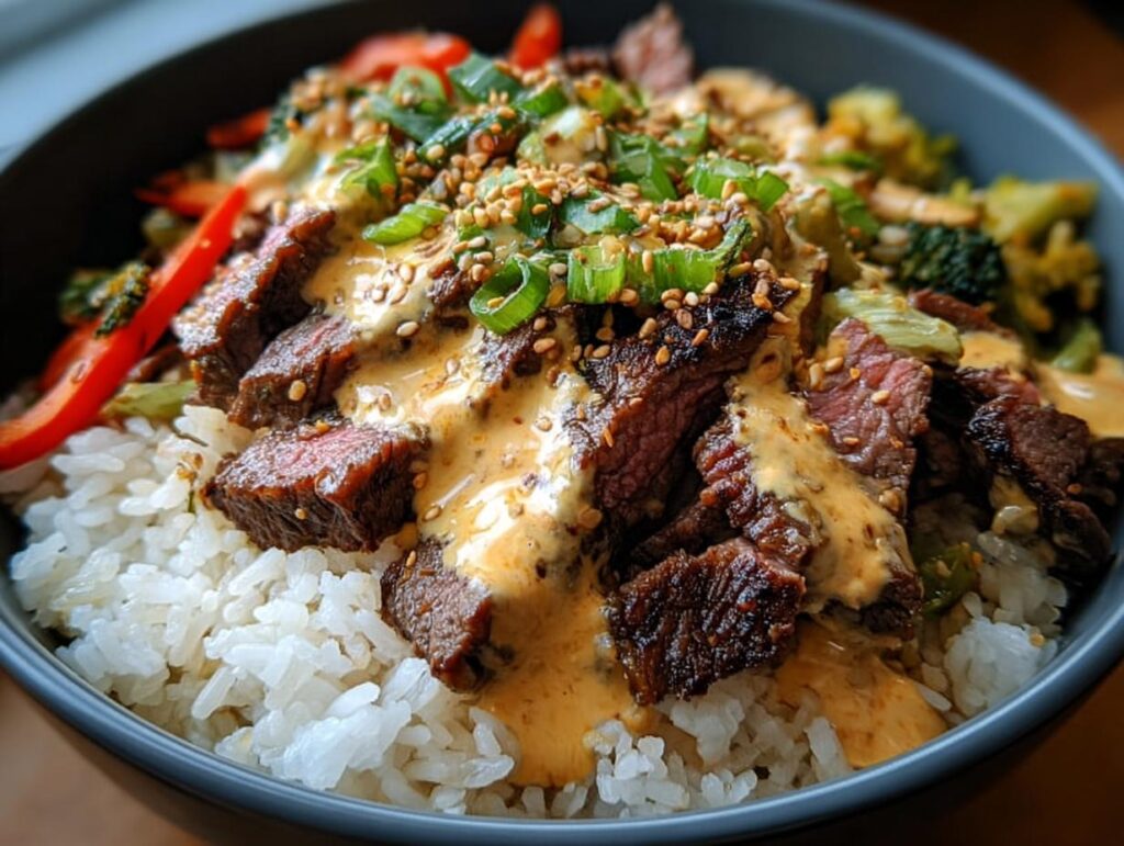 Close-up of Korean BBQ Steak Rice Bowls topped with spicy cream sauce, sesame seeds, and green onions.
