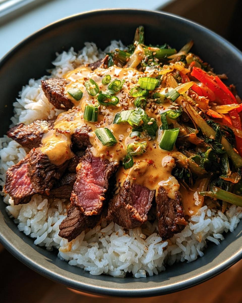Close-up of Korean BBQ Steak Rice Bowls topped with spicy cream sauce, scallions, and sesame seeds.