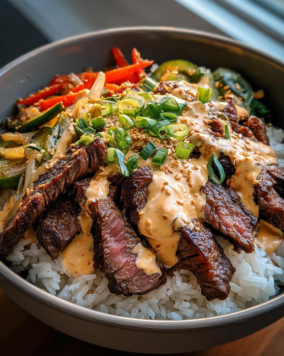 A close-up of Korean BBQ Steak Rice Bowls topped with a creamy, spicy sauce, fresh vegetables, and green onions.