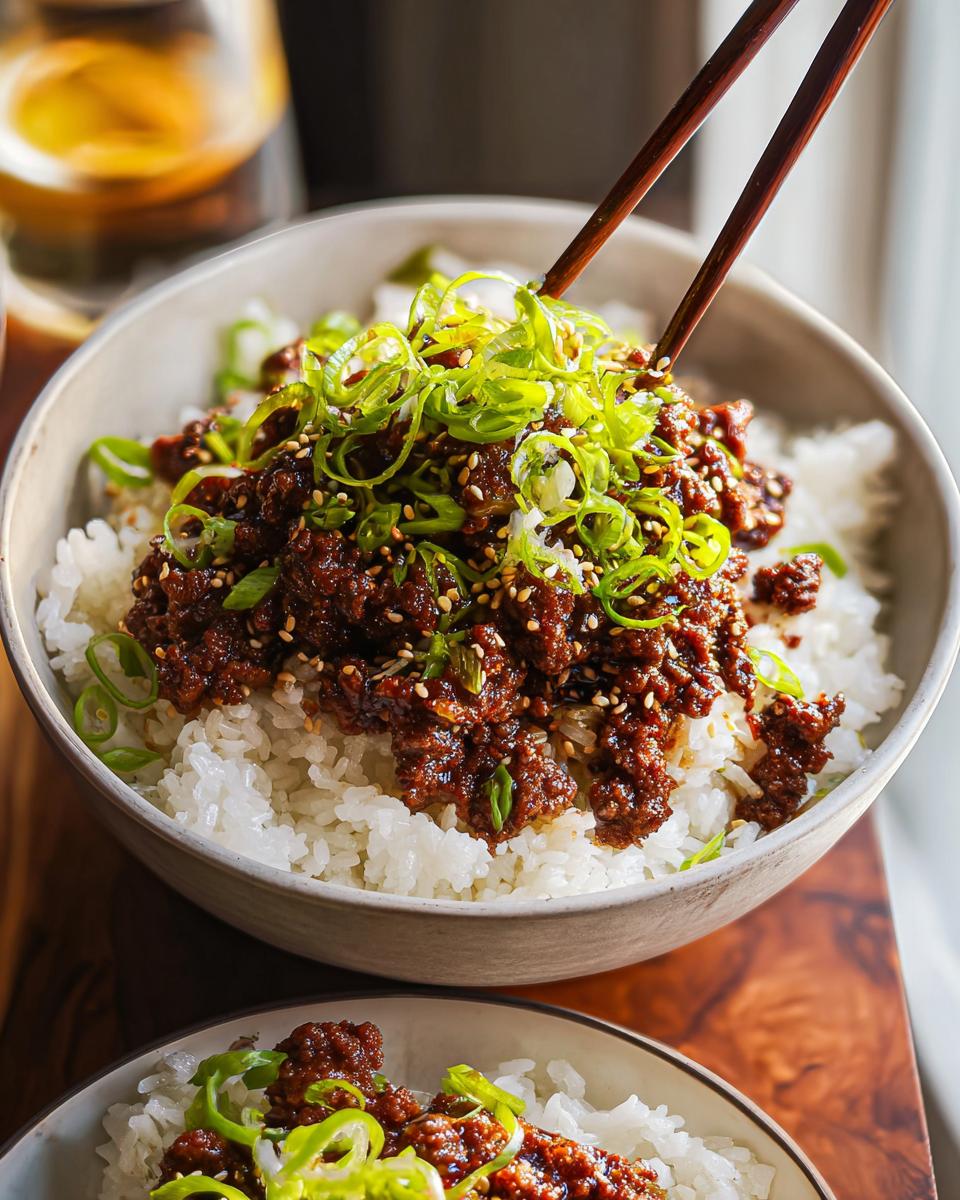 A close-up of a Korean Ground Beef Bowl, featuring savory ground beef over fluffy white rice, topped with fresh green onions and sesame seeds.