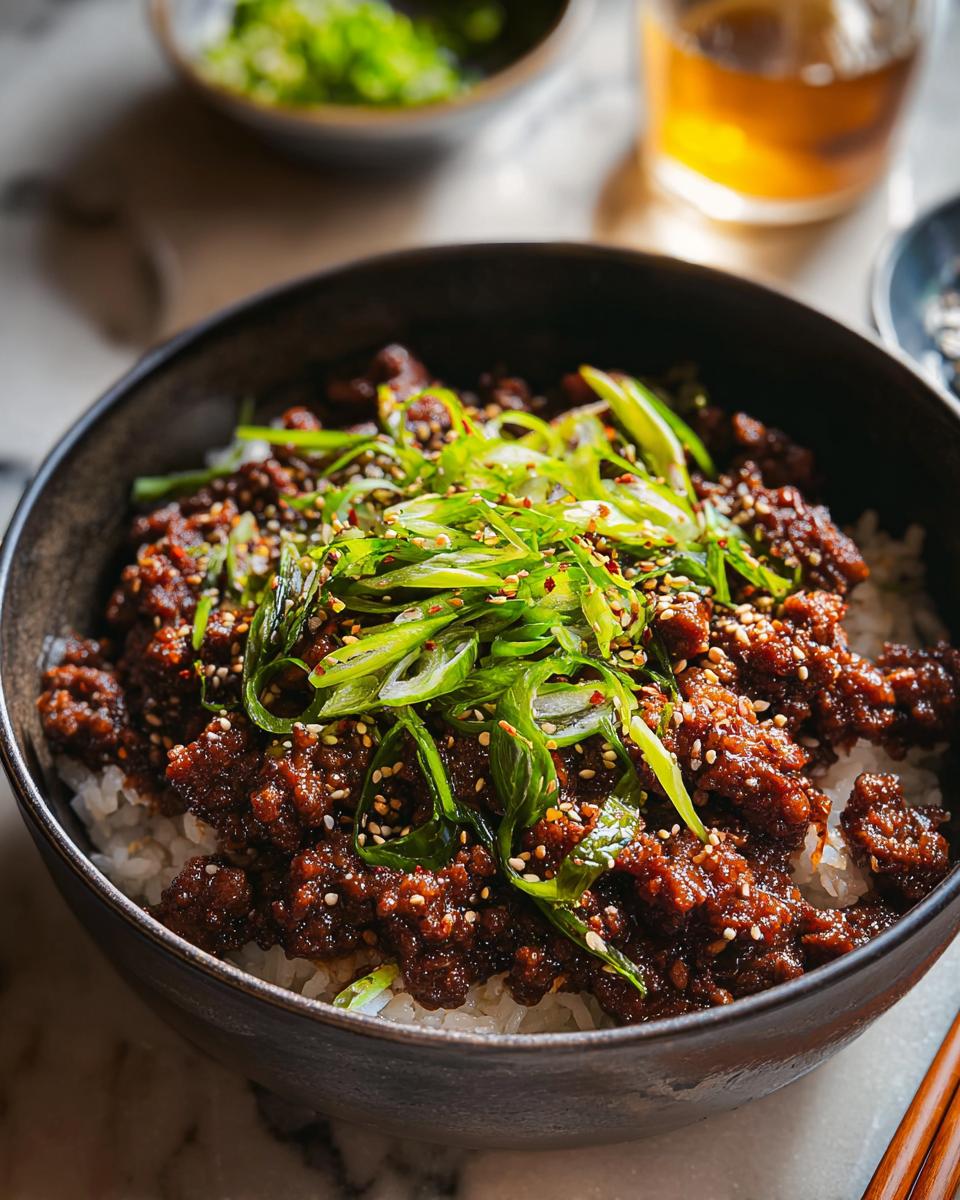 A close-up of a Korean Ground Beef Bowl served over white rice, topped with fresh scallions and sesame seeds.