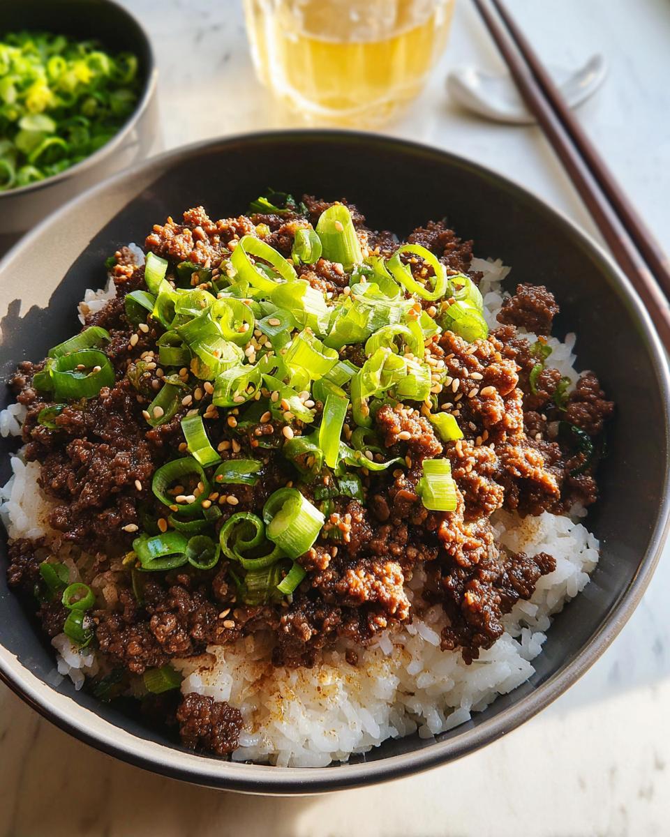 A close-up of a Korean Ground Beef Bowl filled with white rice, savory ground beef, and topped with fresh green onions and sesame seeds.