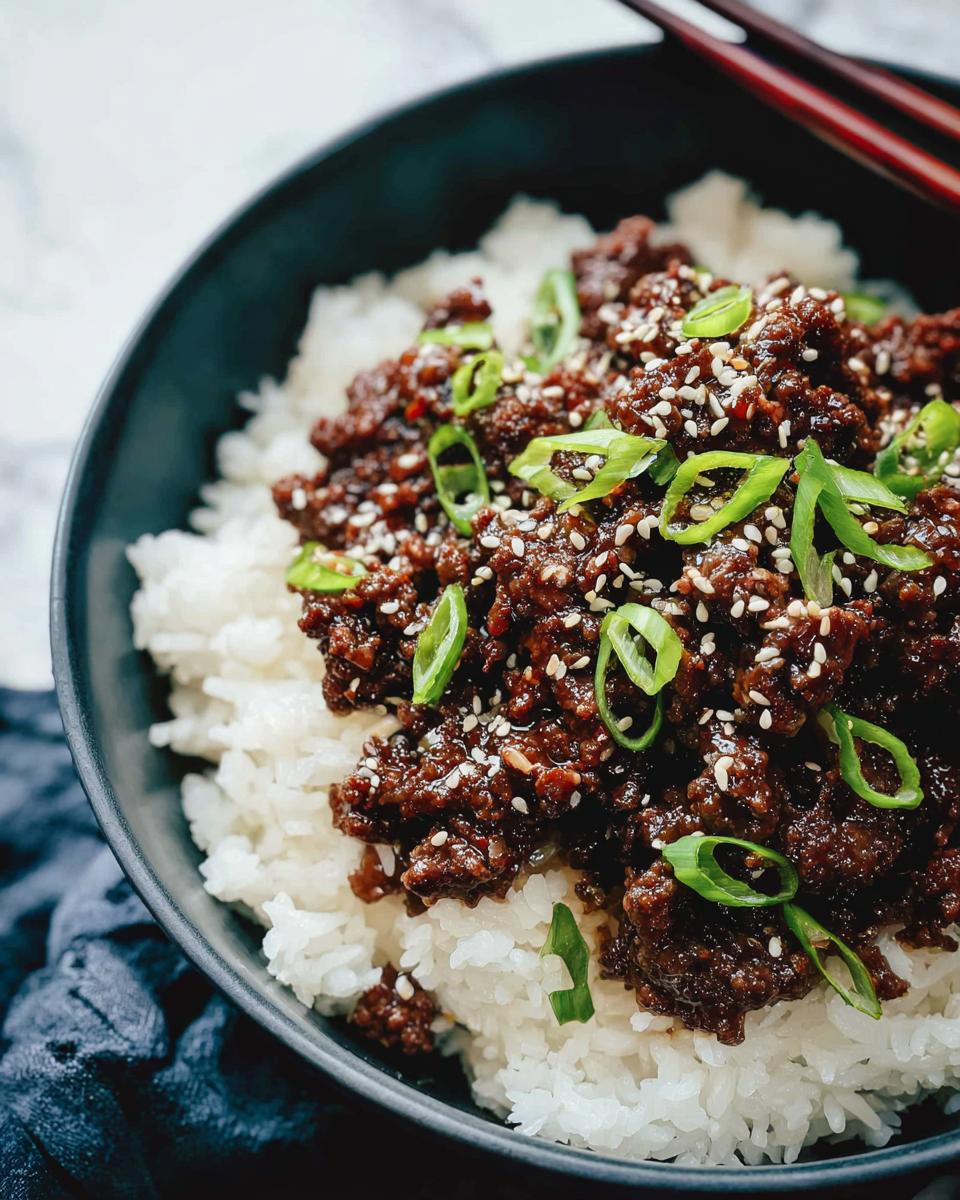 Close-up of a Korean Ground Beef Bowl, featuring savory ground beef over fluffy white rice, garnished with sesame seeds and green onions.
