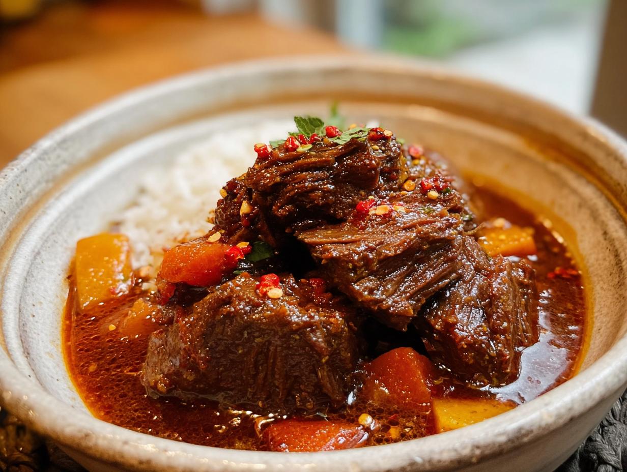 Close-up of a bowl of Korean Style Pot Roast with tender beef, carrots, and white rice, garnished with chili flakes.