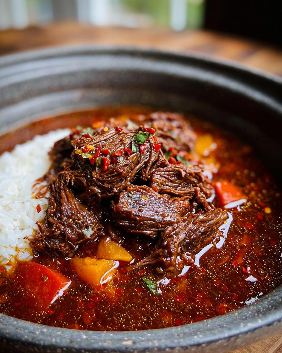 Close-up of a bowl of Korean Style Pot Roast with shredded beef, white rice, and vegetables in a rich, dark sauce.