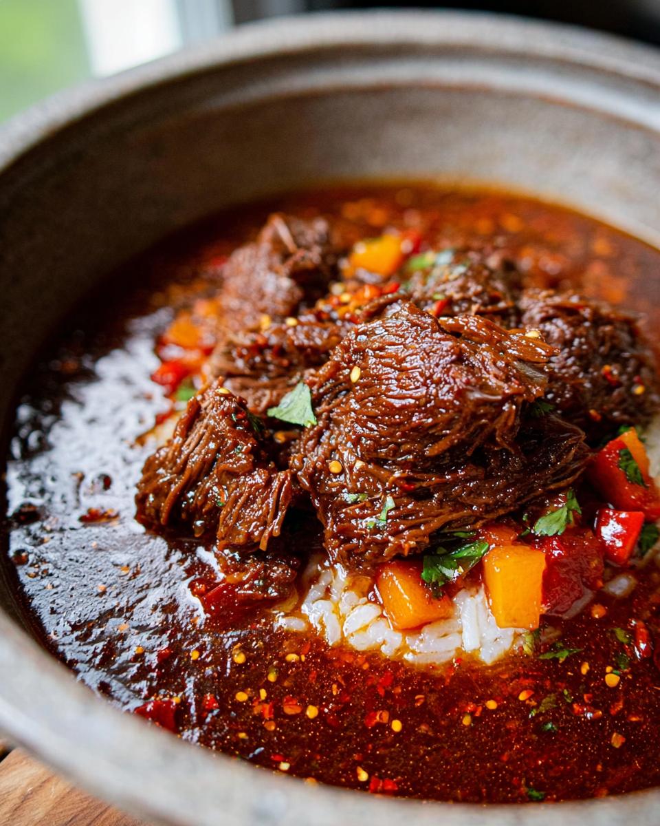Close-up of a bowl of Korean Style Pot Roast served over white rice, with chunks of vegetables and a rich, dark sauce.