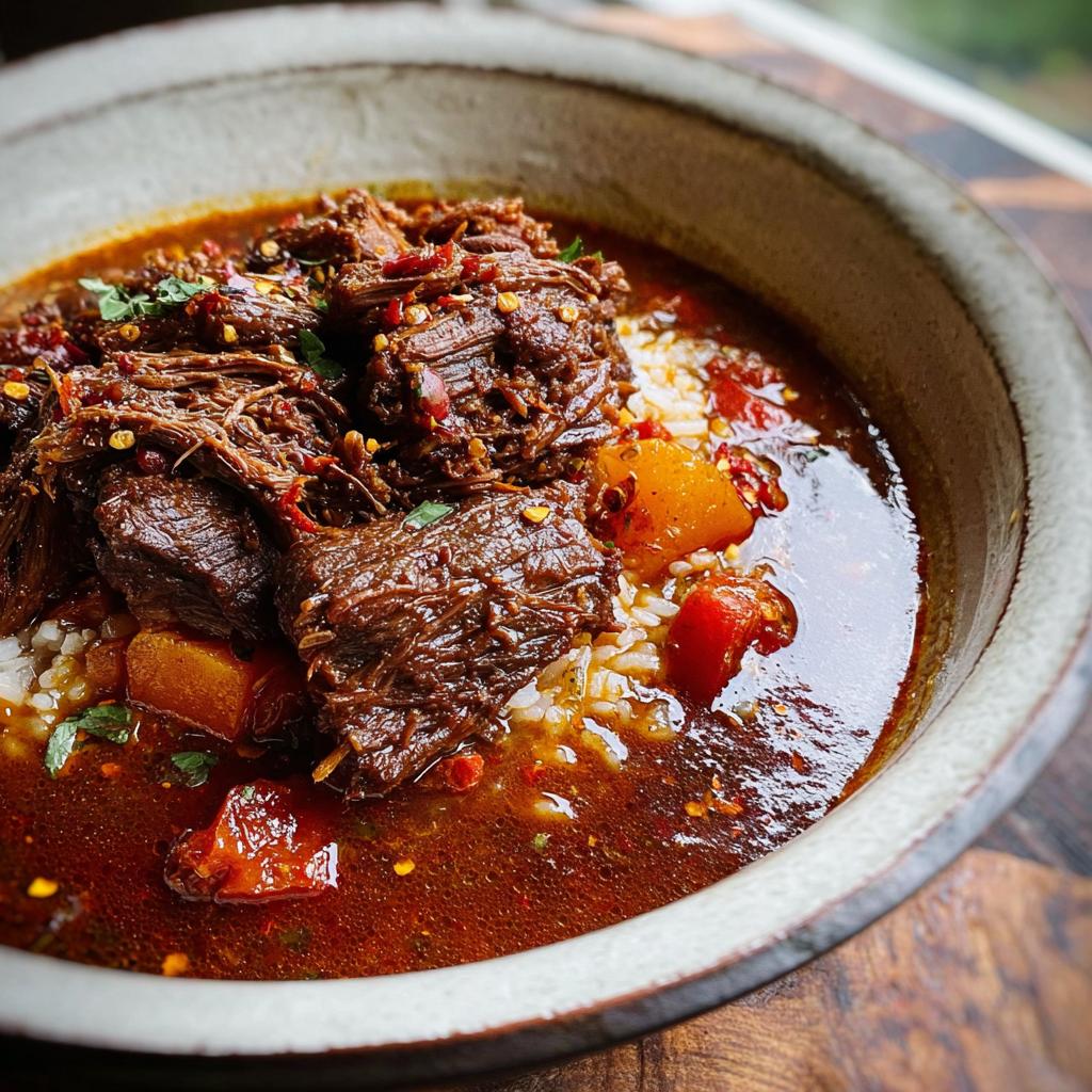 A close-up of a bowl filled with tender Korean Style Pot Roast served over white rice, with chunks of vegetables in a rich, savory broth.