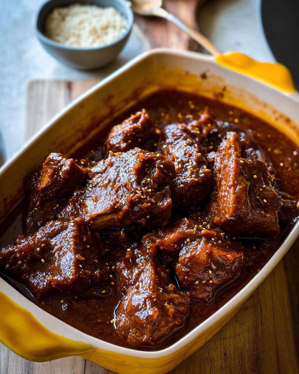 Close-up of tender Korean Style Pot Roast pieces in a rich, dark sauce, sprinkled with sesame seeds.