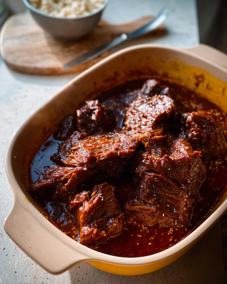 Close-up of tender chunks of Korean Style Pot Roast simmering in a rich, dark sauce, sprinkled with sesame seeds.