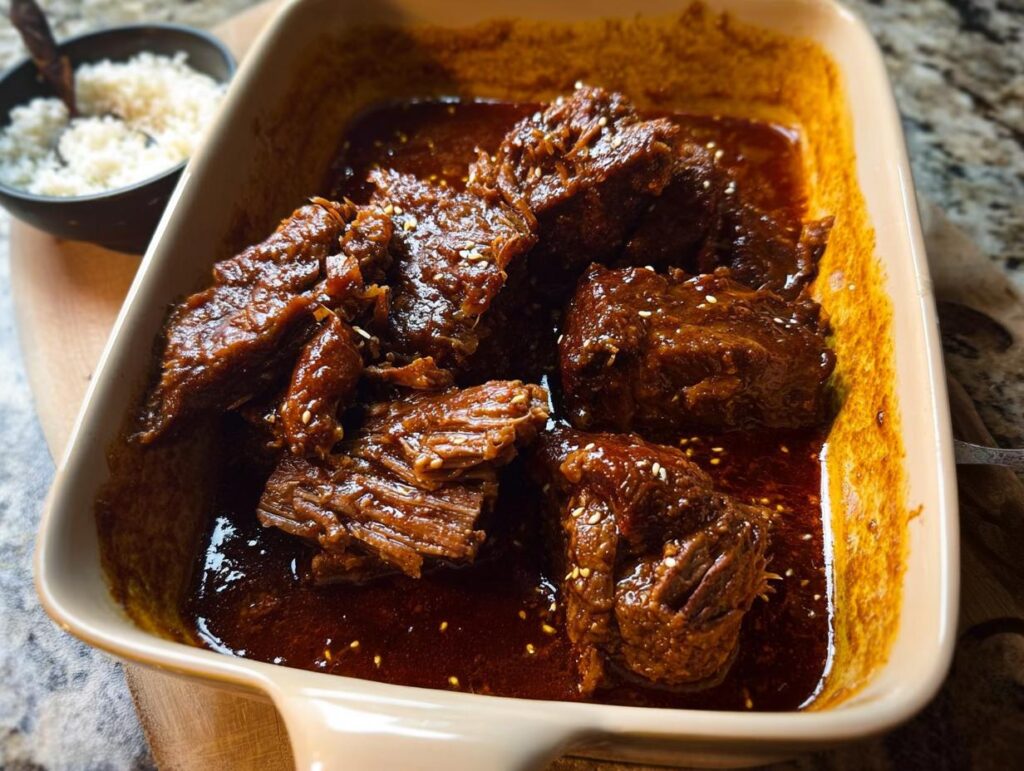 Close-up of tender Korean Style Pot Roast pieces in a rich, dark sauce, sprinkled with sesame seeds.