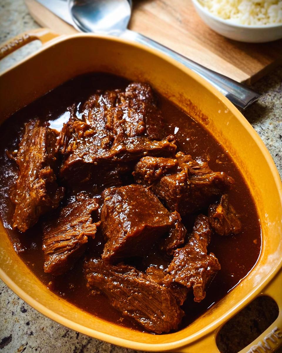 Close-up of tender chunks of Korean Style Pot Roast simmering in a rich, dark sauce in a yellow dish.