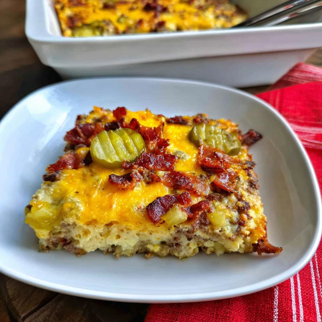 A delicious slice of Low-Carb Bacon Cheeseburger Casserole topped with melted cheese, crispy bacon, and pickles.