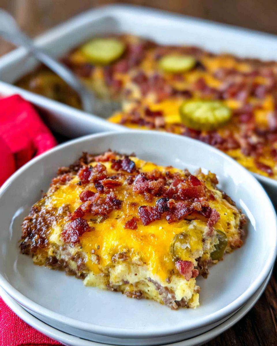 A slice of Low-Carb Bacon Cheeseburger Casserole topped with melted cheese, crispy bacon, and pickles.