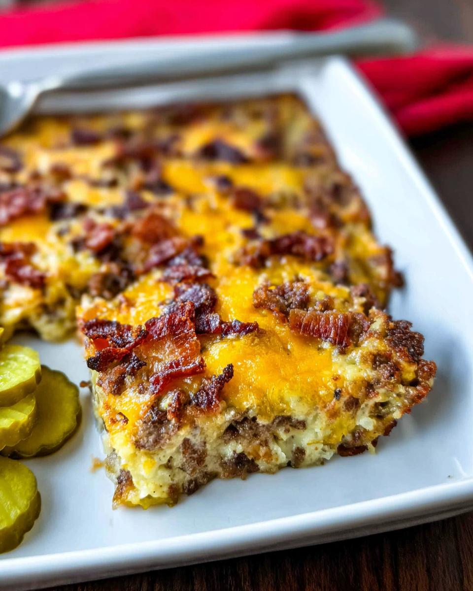 A slice of Low-Carb Bacon Cheeseburger Casserole on a white plate with pickles.
