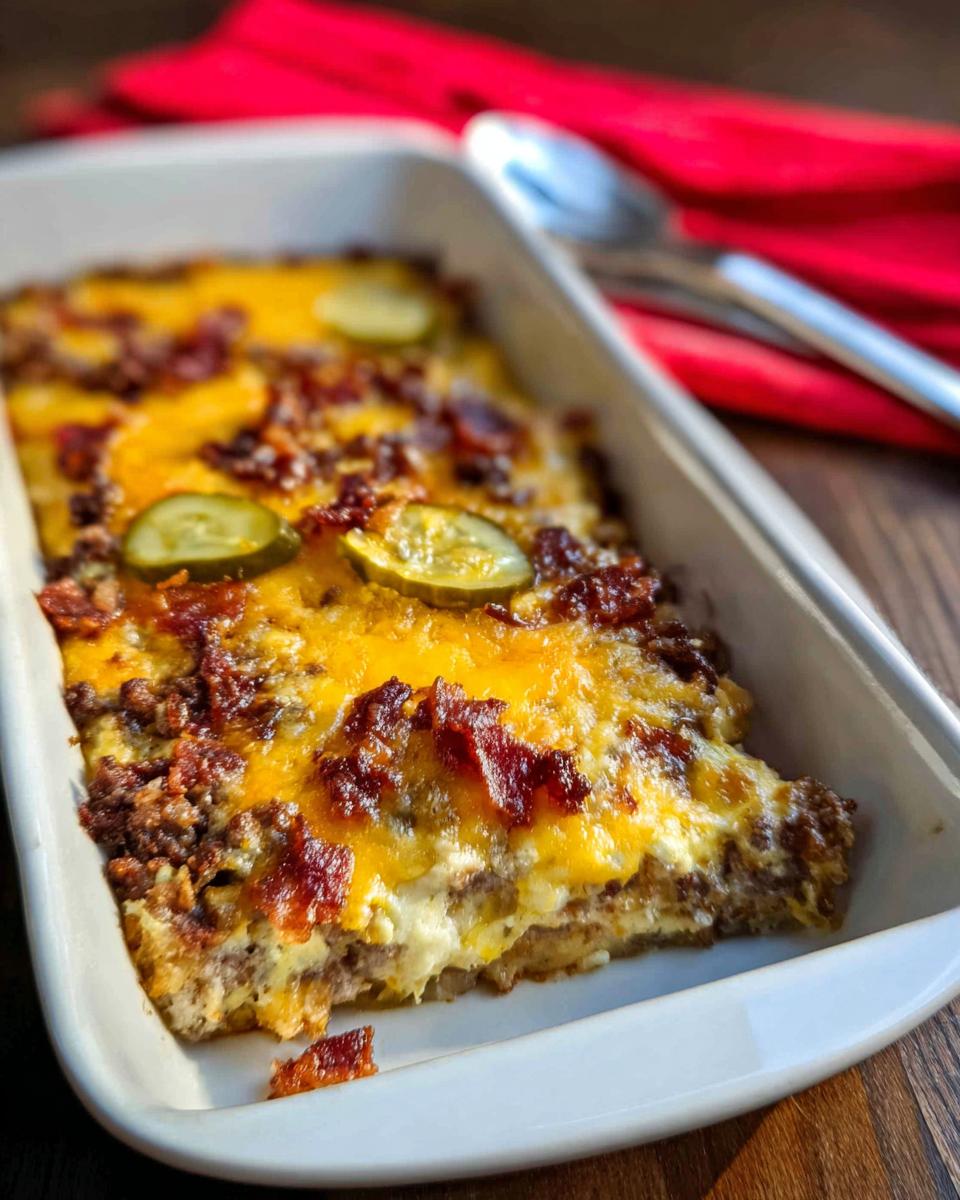 A slice of Low-Carb Bacon Cheeseburger Casserole topped with melted cheddar cheese, bacon bits, and pickles.