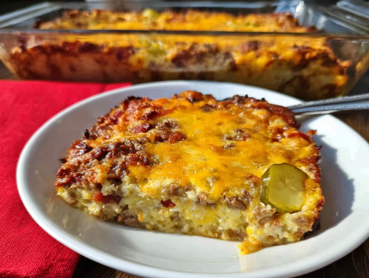 A delicious slice of Low-Carb Bacon Cheeseburger Casserole topped with melted cheddar cheese and a pickle slice.