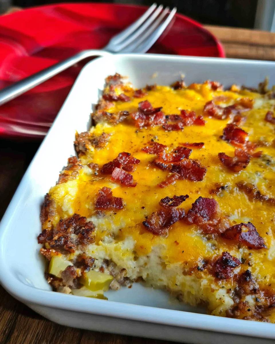 A close-up of a slice of Low-Carb Bacon Cheeseburger Casserole in a white baking dish, topped with melted cheddar cheese and crispy bacon bits.