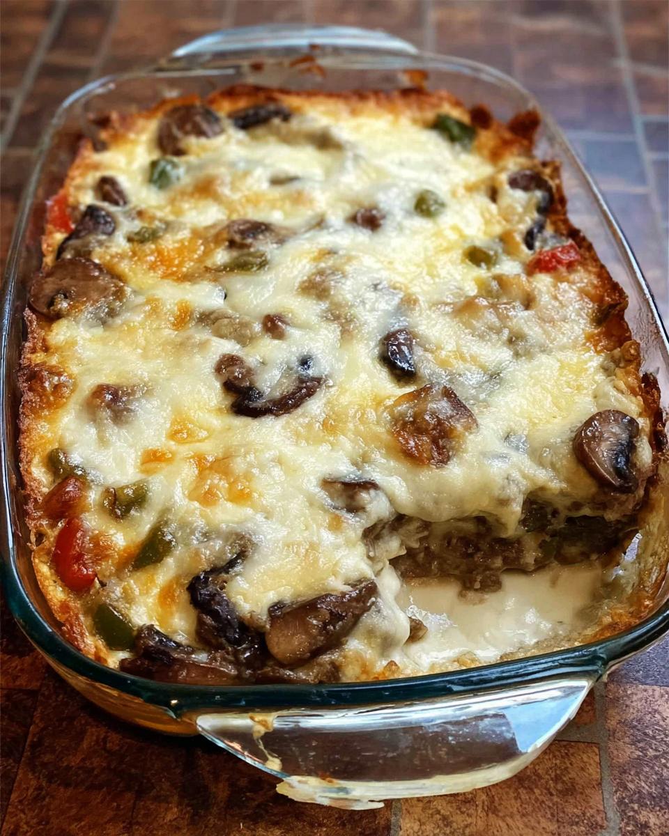 A bubbling Low Carb Philly Cheesesteak Casserole in a glass baking dish, topped with melted cheese and mushrooms.