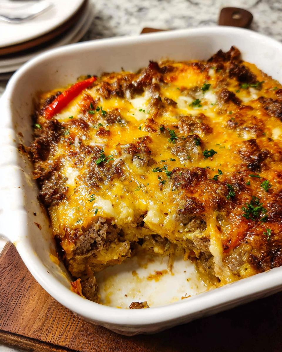 A serving dish of Low Carb Philly Cheesesteak Casserole, showing layers of ground beef, melted cheese, and red peppers.