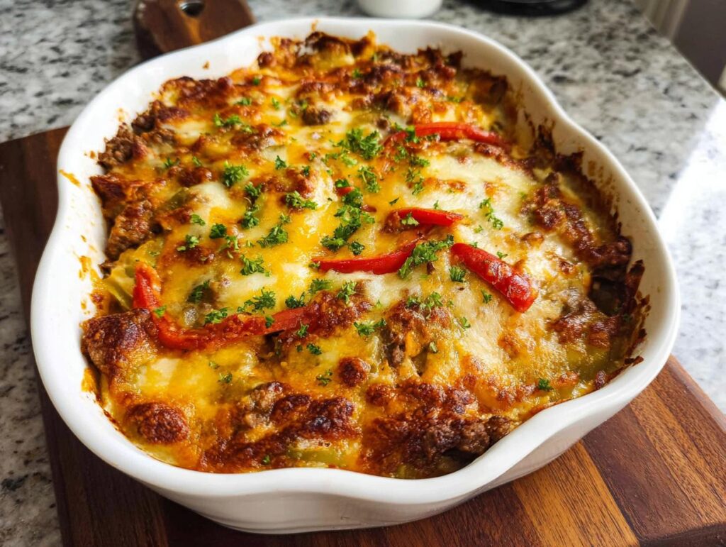 A golden-brown Low Carb Philly Cheesesteak Casserole baked in a white dish, topped with melted cheese and parsley.