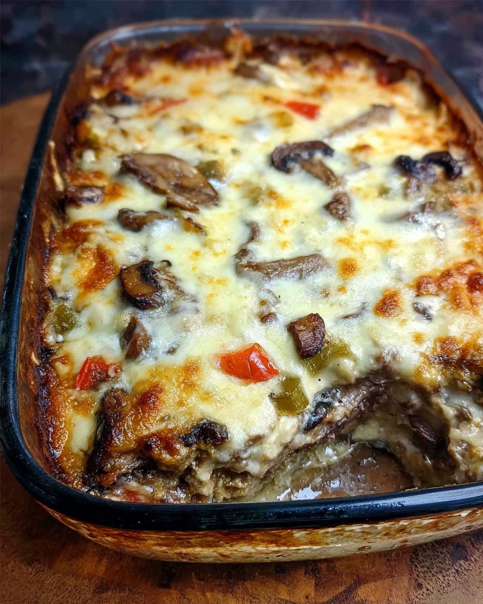 A bubbling Low Carb Philly Cheesesteak Casserole in a glass baking dish, topped with melted cheese, mushrooms, and peppers.