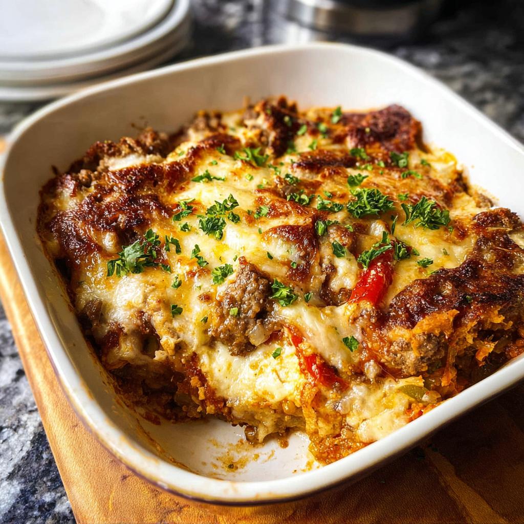 A close-up of a baked Low Carb Philly Cheesesteak Casserole in a white dish, topped with melted cheese and parsley.