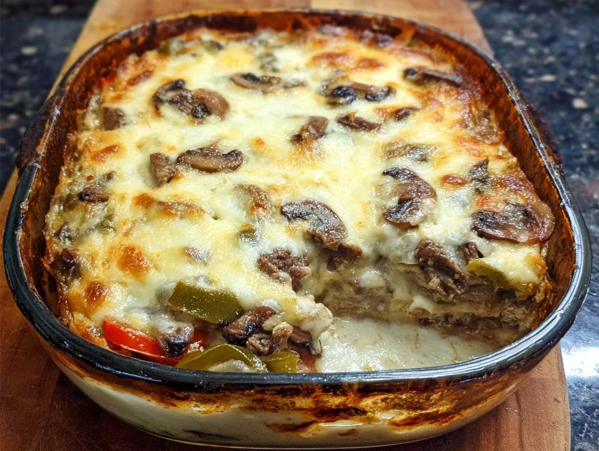 A bubbling Low Carb Philly Cheesesteak Casserole in a baking dish, topped with melted cheese, mushrooms, and peppers.