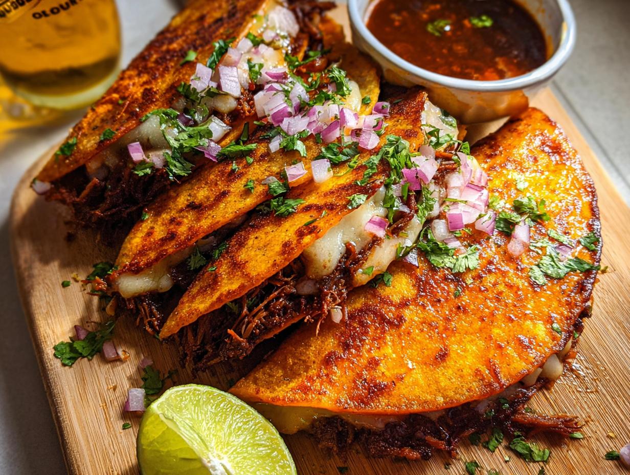 Close-up of delicious My Fave Birria Tacos on a wooden board, topped with red onion and cilantro, with a side of consommé.
