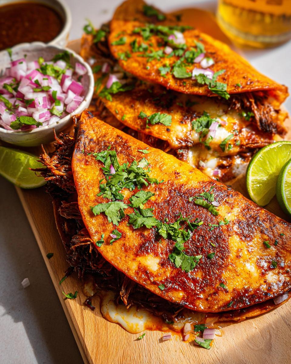 Close-up of delicious My Fave Birria Tacos, filled with shredded meat and cheese, garnished with cilantro and served with lime wedges.