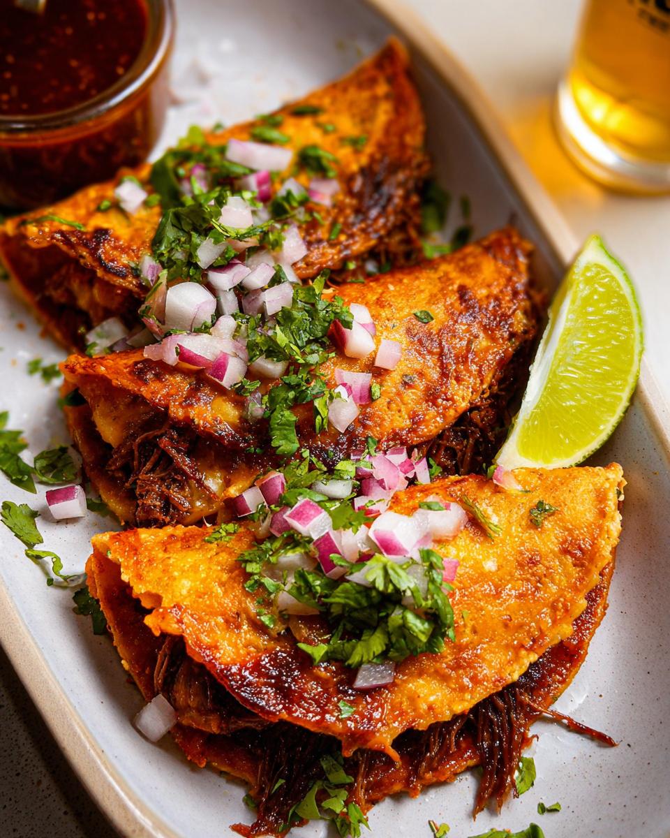 Three delicious My Fave Birria Tacos topped with diced red onion and cilantro, served with a side of consommé and lime wedge.