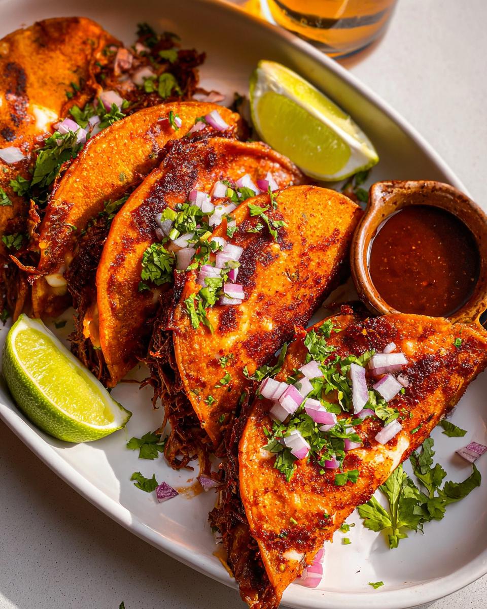 A plate of delicious My Fave Birria Tacos topped with onions and cilantro, served with lime wedges and a side of consommé.