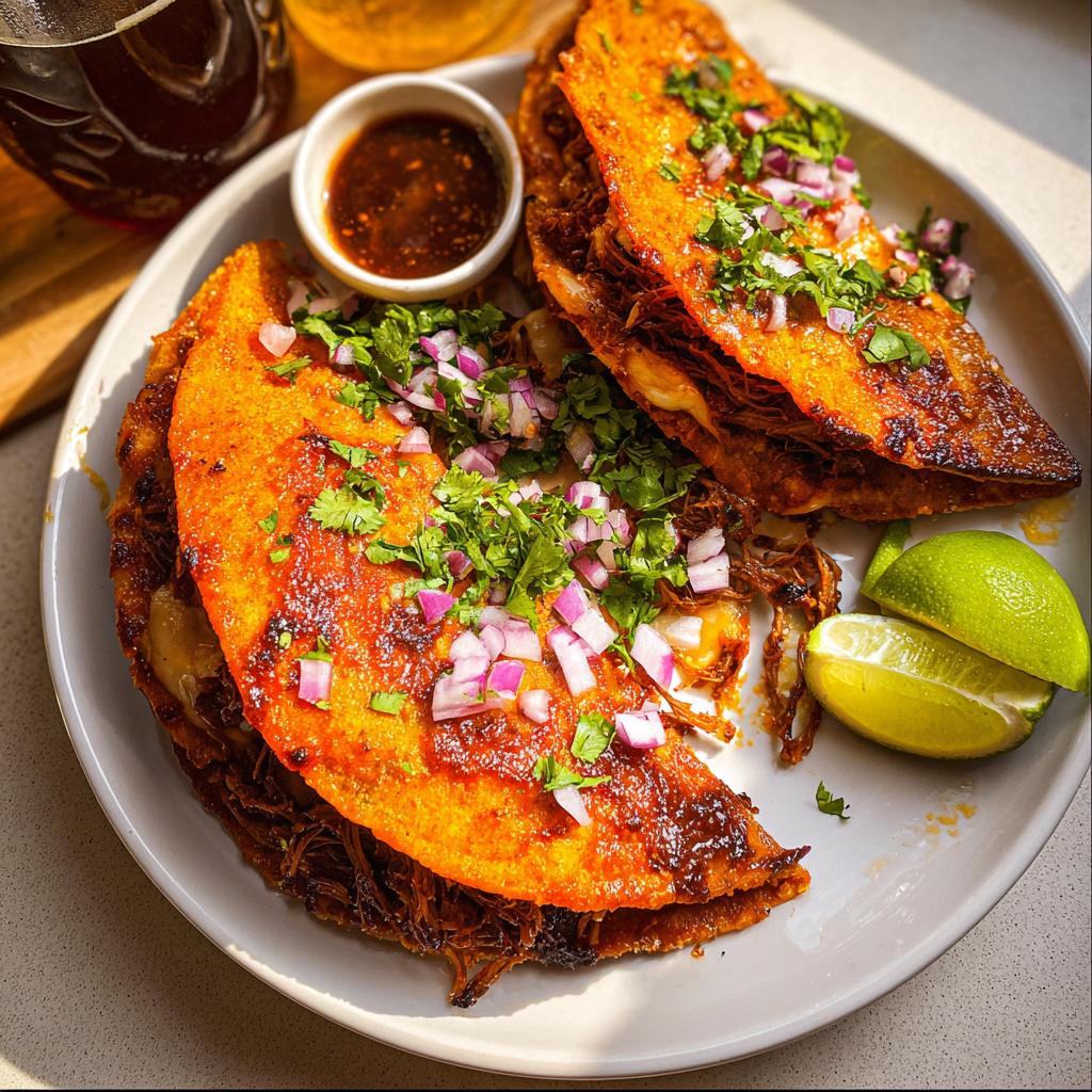 Close-up of two delicious My Fave Birria Tacos, topped with chopped red onion and cilantro, served with lime wedges and dipping sauce.