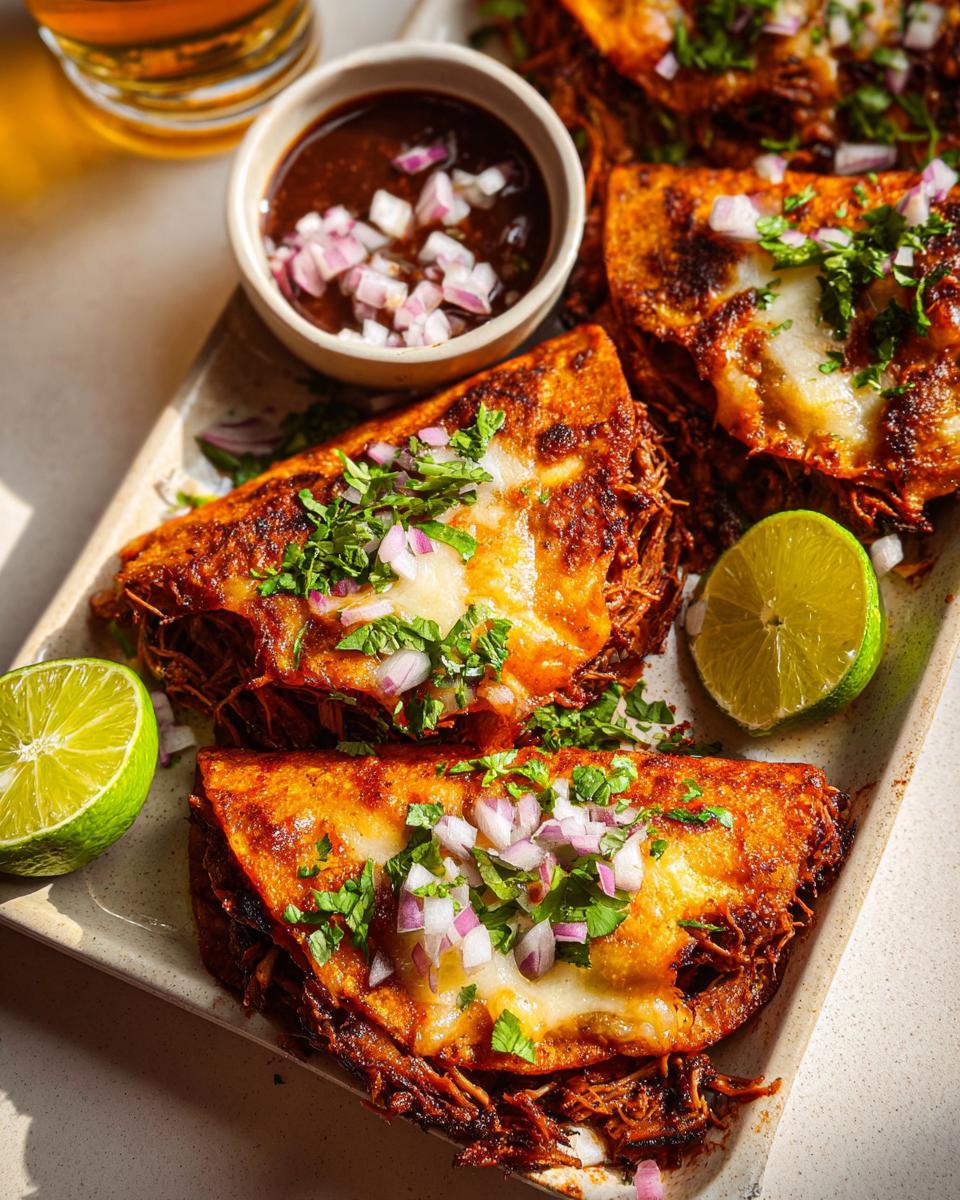 Close-up of delicious My Fave Birria Tacos, topped with cilantro and onions, served with a side of consommé and lime wedges.