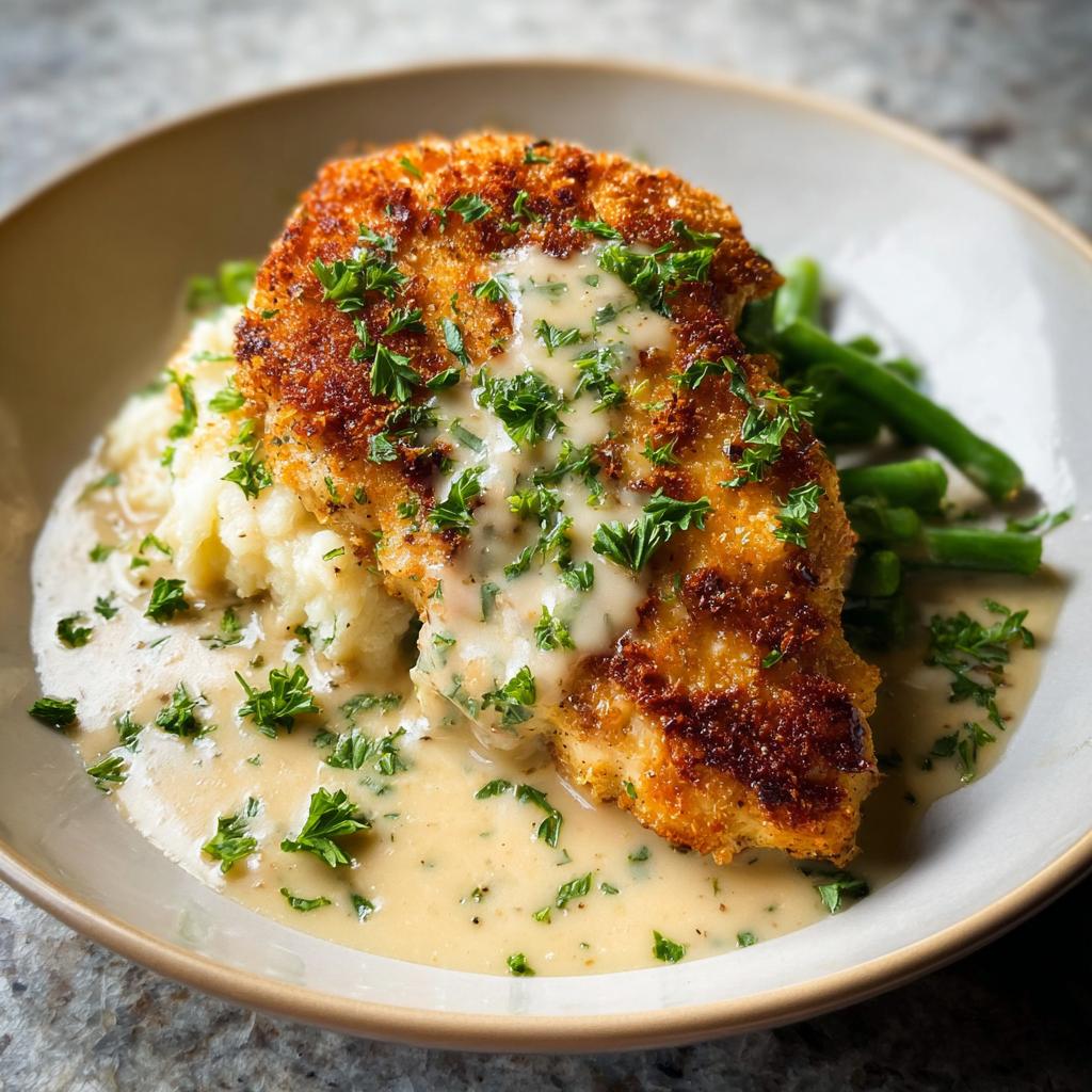 A delicious serving of Parmesan Crusted Chicken with Creamy Garlic Sauce, mashed potatoes, and green beans.