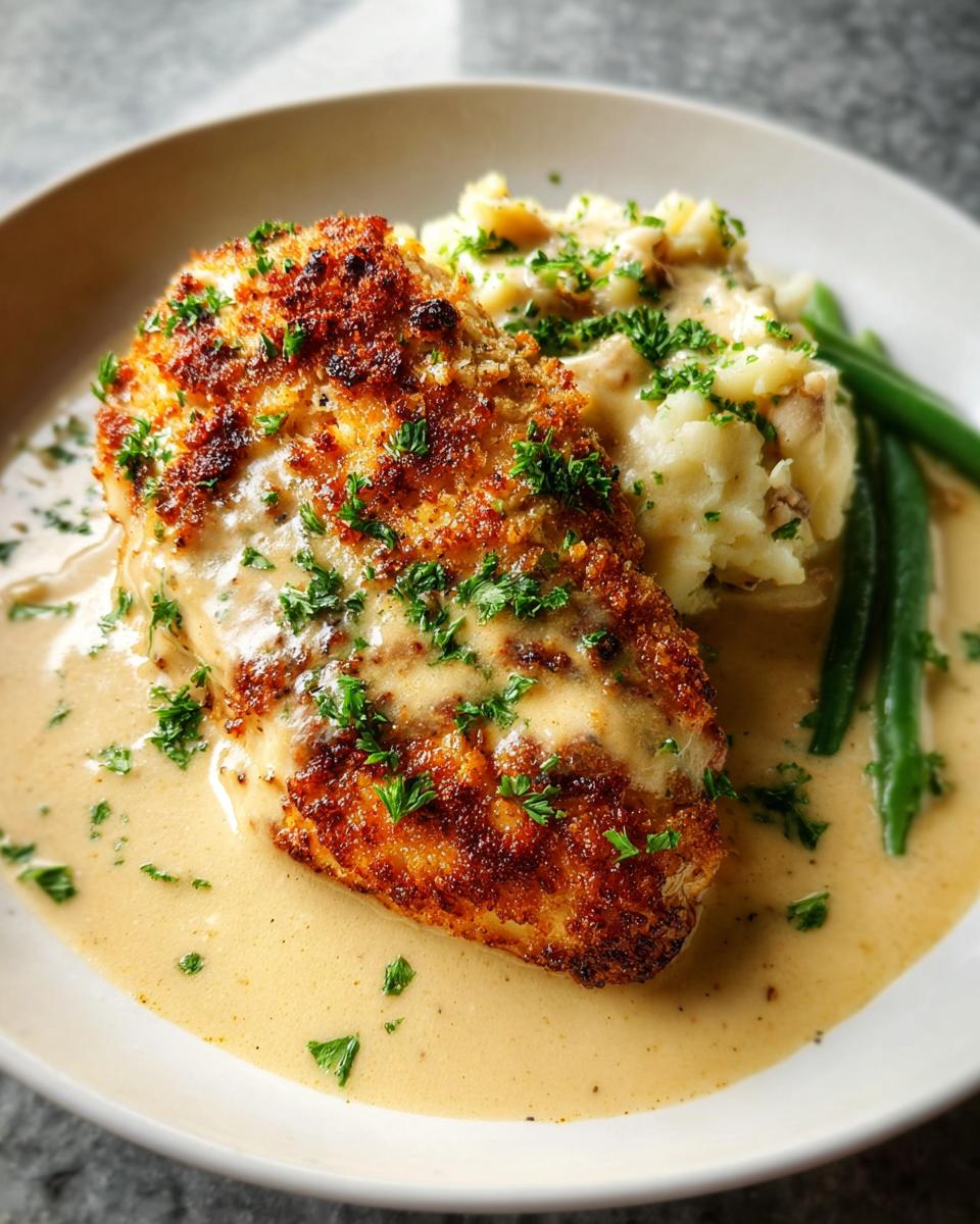 A golden Parmesan crusted chicken breast served with creamy garlic sauce, mashed potatoes, and green beans.