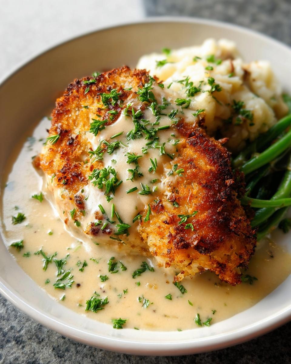 A close-up of Parmesan Crusted Chicken with Creamy Garlic Sauce, served with mashed potatoes and green beans, garnished with parsley.