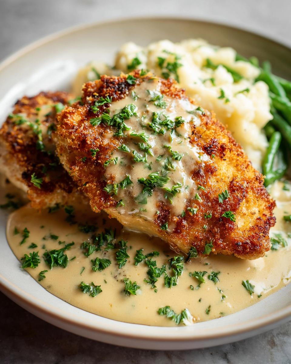 Two pieces of golden Parmesan Crusted Chicken served with mashed potatoes and green beans, drizzled with creamy garlic sauce.